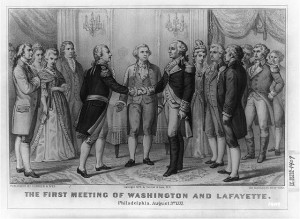 A Currier and Ives illustration from 1876 recreates the moment when the Marquis de Lafayette first met George Washington. (Library of Congress)