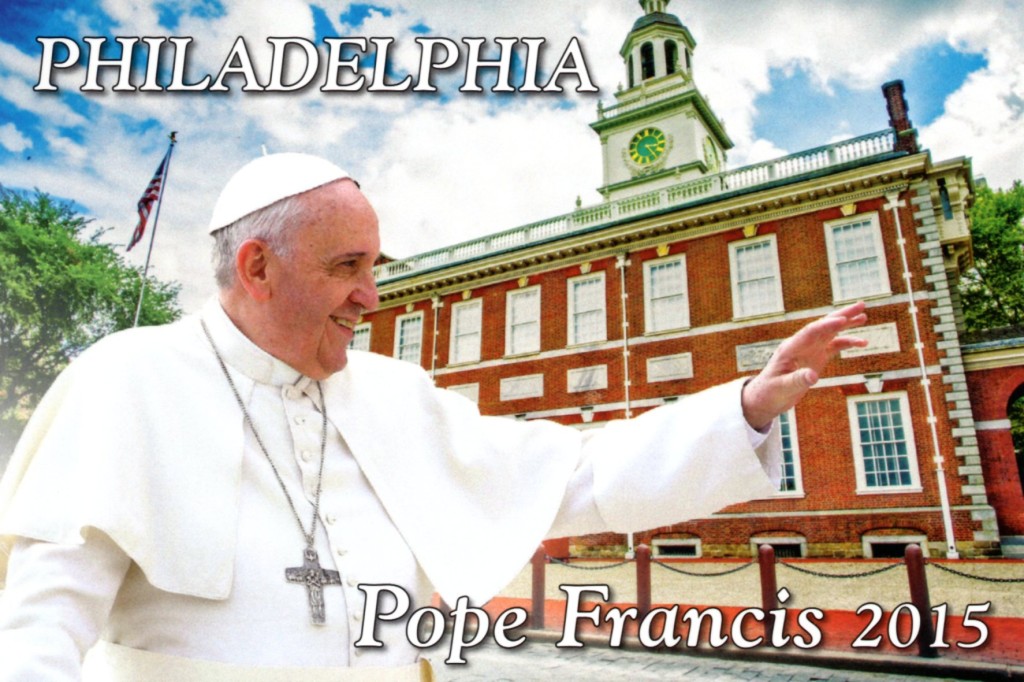 A postcard peddled by a vendor in Philadelphia anticipated the visit of Pope Francis to Independence Hall.